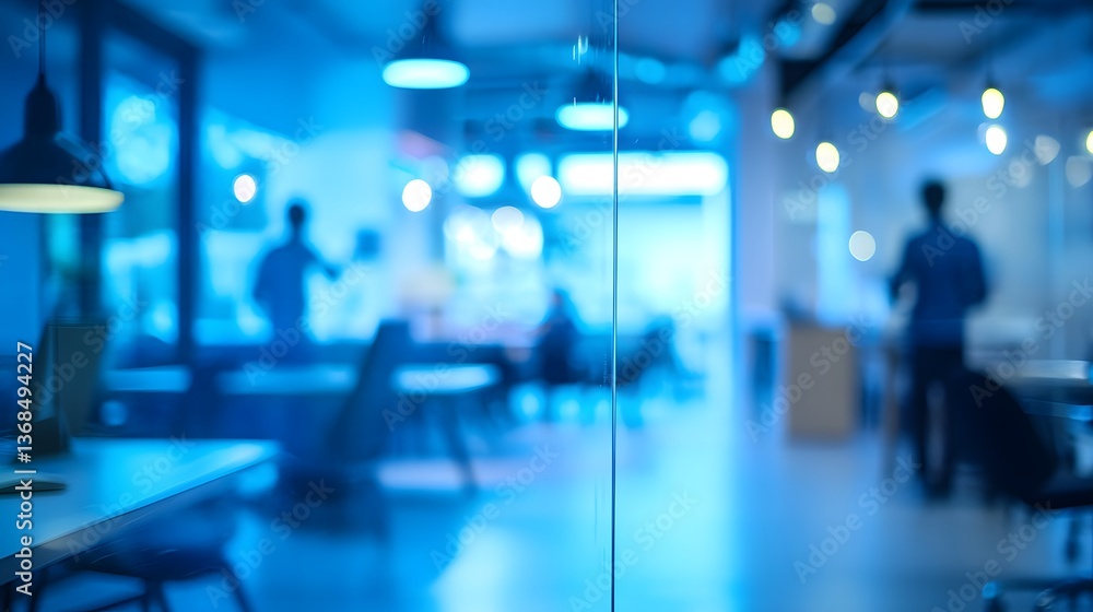 Blurred high-tech startup office with employees in the background Blurred high-tech startup office with employees in the background