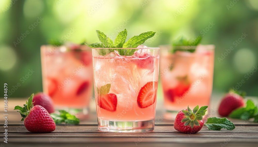 Refreshing Pink Lemonade And Strawberry Soda With Mint Served In Glasses On A Rustic Wooden Table. Delightful Summer Drink Display. Refreshing Pink Lemonade And Strawberry Soda With Mint Served In Glasses On A Rustic Wooden Table. Delightful Summer Drink Display.