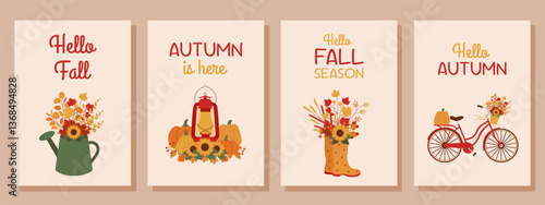 Autumn posters set. Set of posters with cute autumn illustrations. Autumn concept for invitations, covers, greeting cards, flyers.