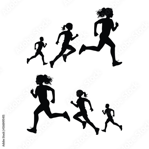 A collection of dynamic running silhouettes, varying in size, depict a family or group of people participating in a running event. Diverse Running Silhouettes, Representing Families and Teamwork.