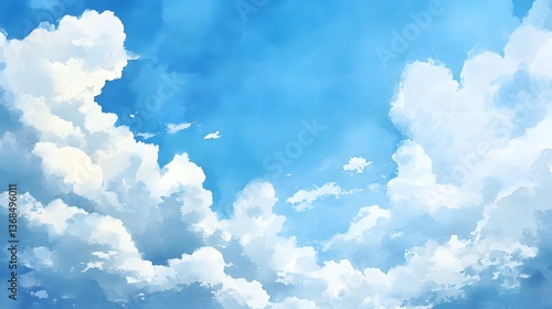 Vibrant Blue Sky and White Clouds Painting on Linen Canvas for Artistic Designs