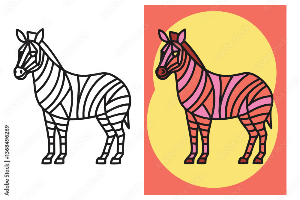 Obraz premium Zebra Illustration, Flat Icon Style, Animal Outline and Pink Colored, Geometric Shapes