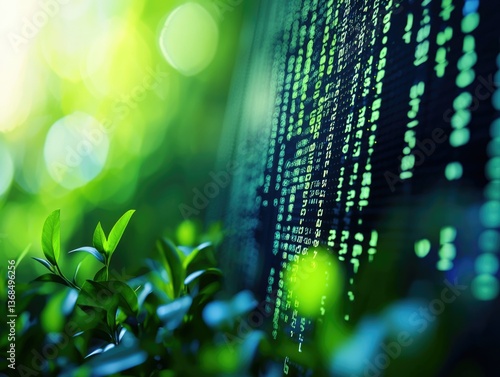 Wallpaper Mural Green leaves overlayed with digital code represent the intersection of nature and technology, symbolizing sustainable innovation. Torontodigital.ca
