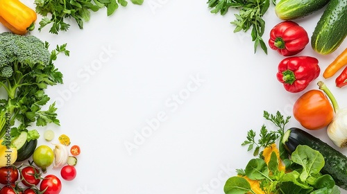 Vibrant organic vegetables and fruits arranged on white background with copy space, top view of fresh produce including tomatoes, bell peppers, paprika, red onion, green pepper, cucumber,