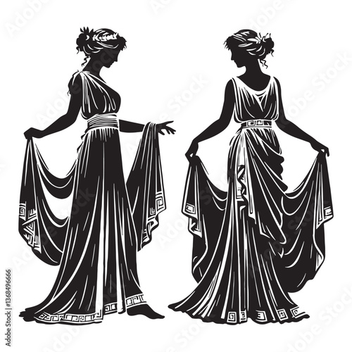 Majestic Greek noblewoman silhouette, reflecting aristocratic beauty - Greek noblewoman illustration - Greek noblewoman vector - Classical Greek silhouette

