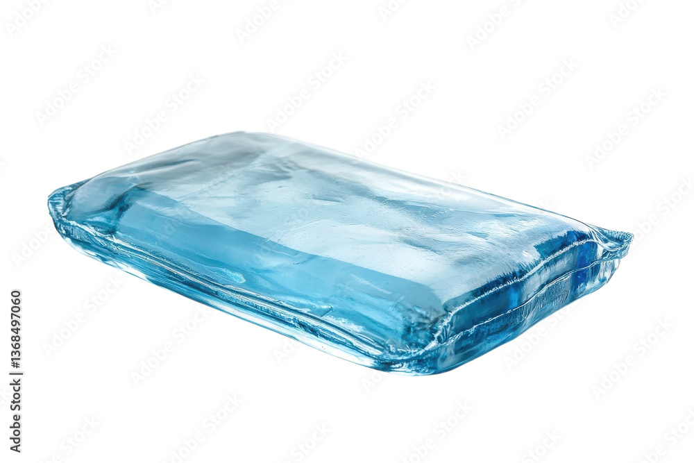 Fototapeta premium A translucent light blue rectangular pouch, sleek and modern, rests on a pristine white background, showcasing its smooth, glossy texture.