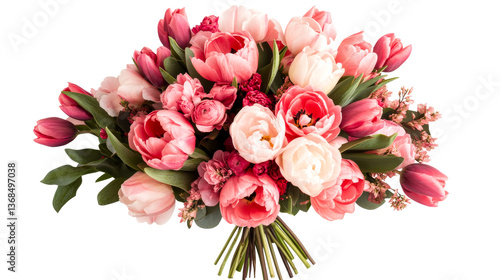 Fototapeta Naklejka Na Ścianę i Meble -  Pink tulips and peonies bouquet, floral arrangement, cutout transparent