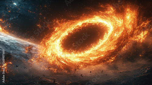 Quantum hawking radiation escaping a black hole event horizon with glowing particles and intricate details