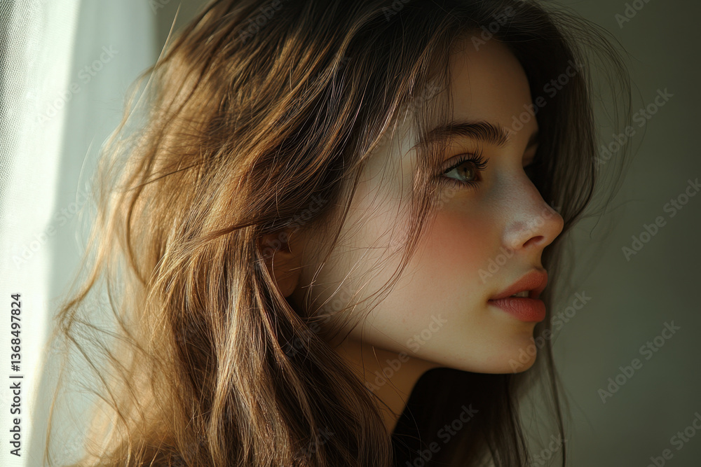 Naklejka premium Woman with long hair looking out a window, lost in thought.