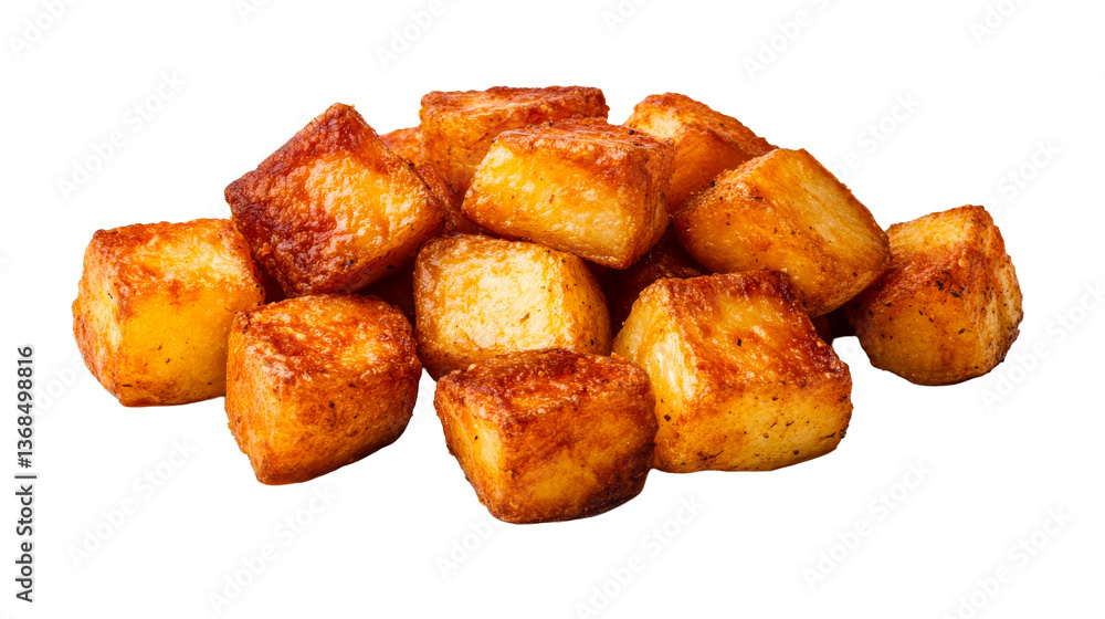 Roasted potato cubes with golden crust in pile, cut out transparent Roasted potato cubes with golden crust in pile, cut out transparent
