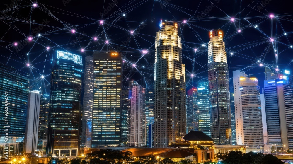 Obraz premium Night cityscape, network connections, global data