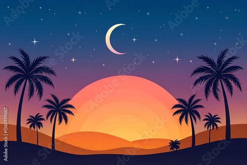 Serene desert sunset with palm trees silhouetted against a vibrant, starlit sky, featuring a crescent moon.