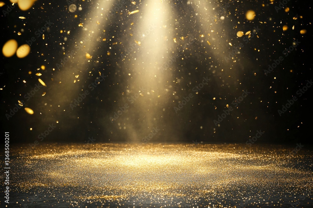 Naklejka premium Golden Light Shining on Glittery Stage with Falling Confetti and Bokeh