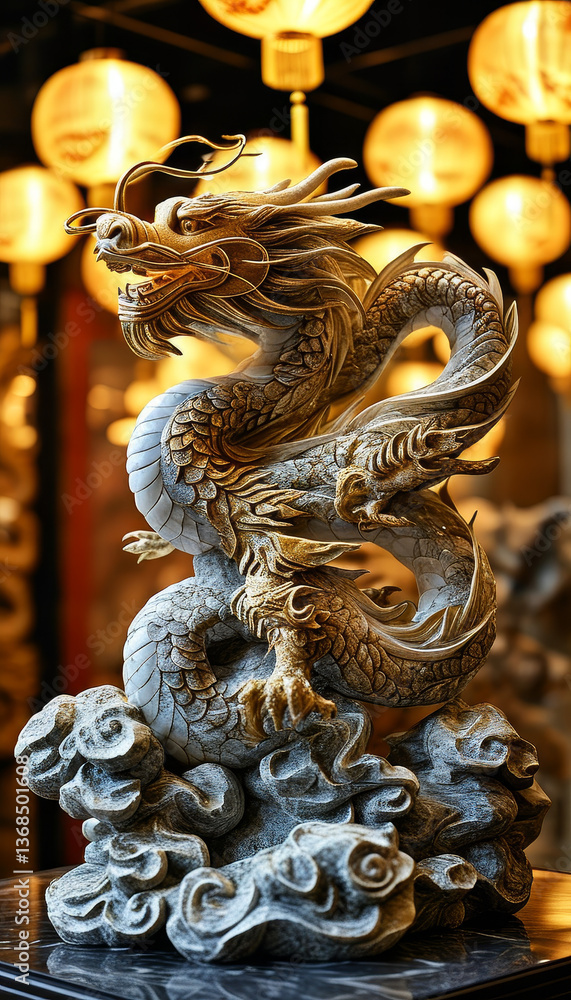 China National day product display podium background, Dragon’s Triumph, stone and gold, intricate dragon, golden dragon, clouds, glowing Chinese lantern, representing strength, prosperity, unity, ad China National day product display podium background, Dragon’s Triumph, stone and gold, intricate dragon, golden dragon, clouds, glowing Chinese lantern, representing strength, prosperity, unity, ad