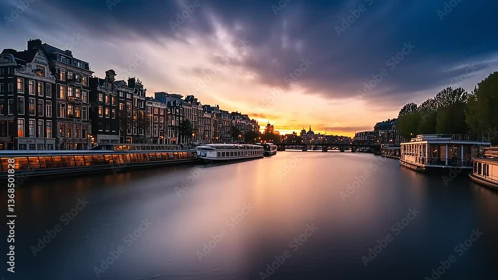 A scenic view of Amsterdam at sunset, featuring canals and historic buildings. A scenic view of Amsterdam at sunset, featuring canals and historic buildings.