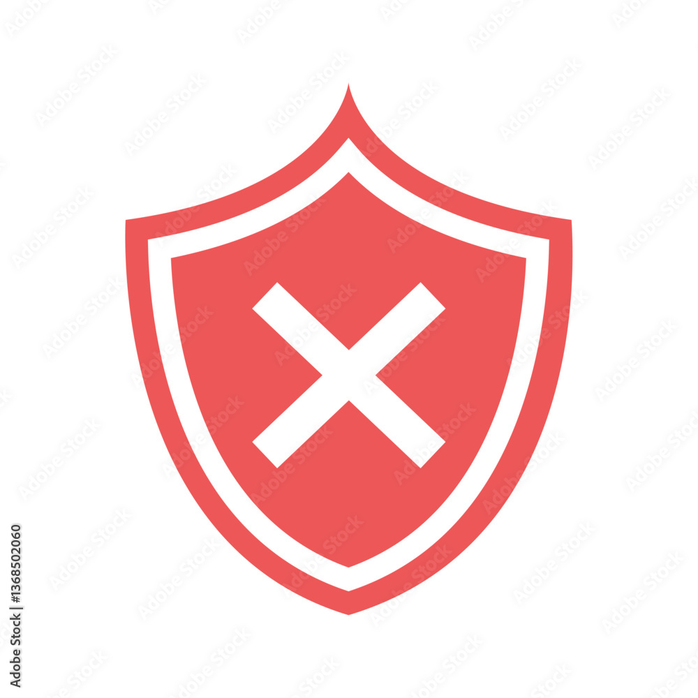 Obraz premium Vector illustration of a red shield with a white outline and a red cross inside, symbolizing a security error, failed protection, a blocked or denied access, and indicating danger, risk, or vulnerabil