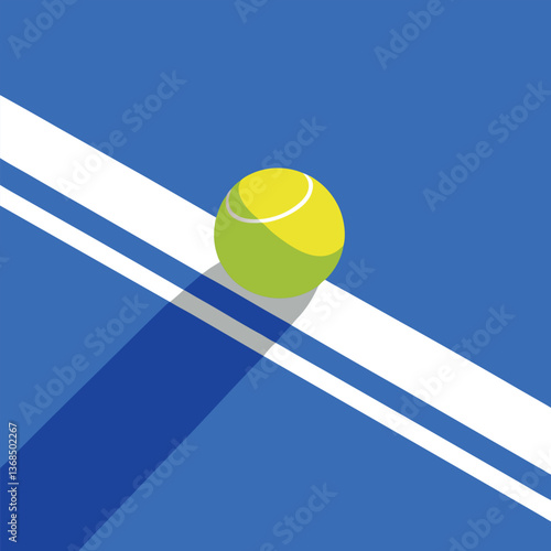 Colorful tennis ball on the net and court surrounded by various sports equipment