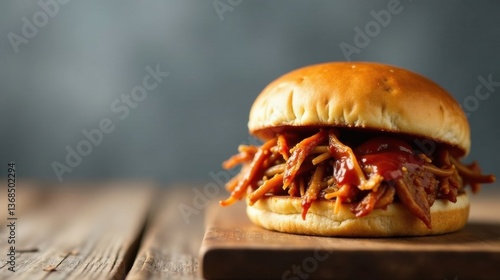 A Delicious Pulled Pork Sandwich on a Rustic Wooden Board