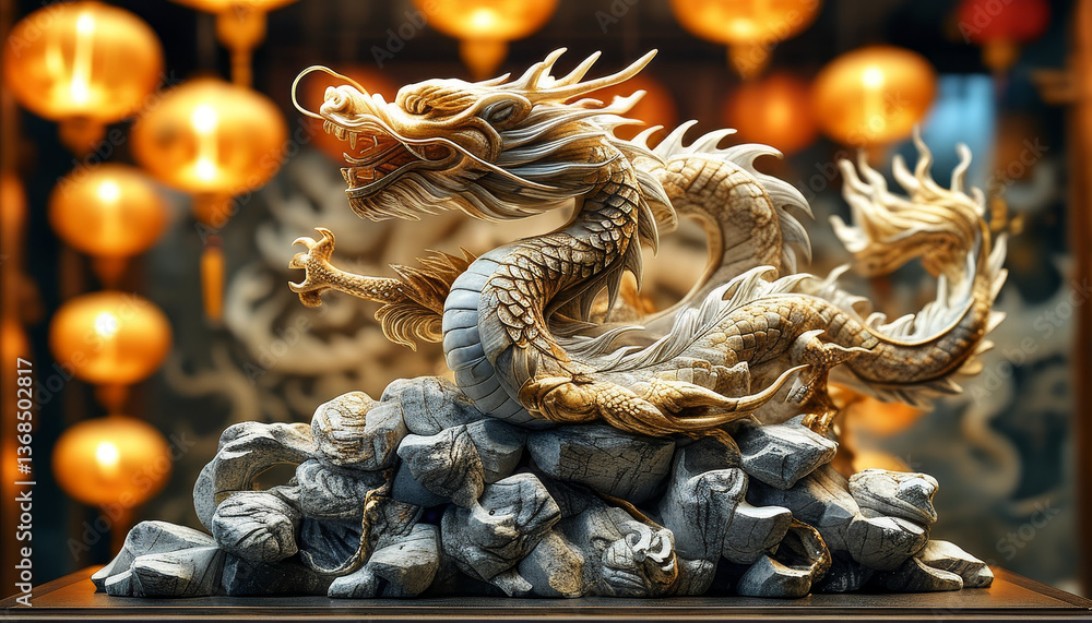 Obraz premium China National day product display podium background, Dragon’s Triumph, stone and gold, intricate dragon, golden dragon, clouds, glowing Chinese lantern, representing strength, prosperity, unity, ad