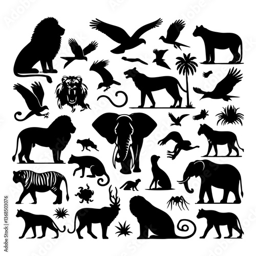 A collection of jungle animals like lions, tigers, elephants, and monkeys in silhouette style.