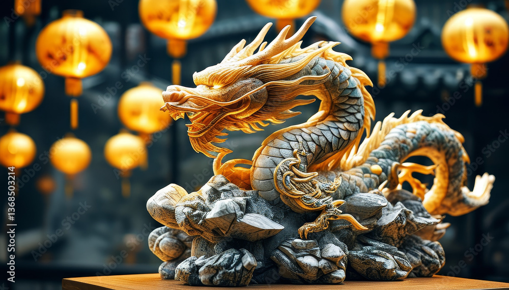 Fototapeta premium China National day product display podium background, Dragon’s Triumph, stone and gold, intricate dragon, golden dragon, clouds, glowing Chinese lantern, representing strength, prosperity, unity, ad