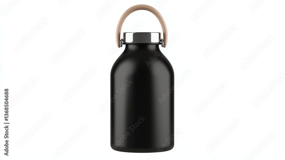 Obraz premium Stylish black water bottle with a wooden handle on a white isolated background.