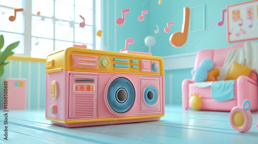 Obraz premium Bright and Colorful Retro Boombox with Musical Notes in Room