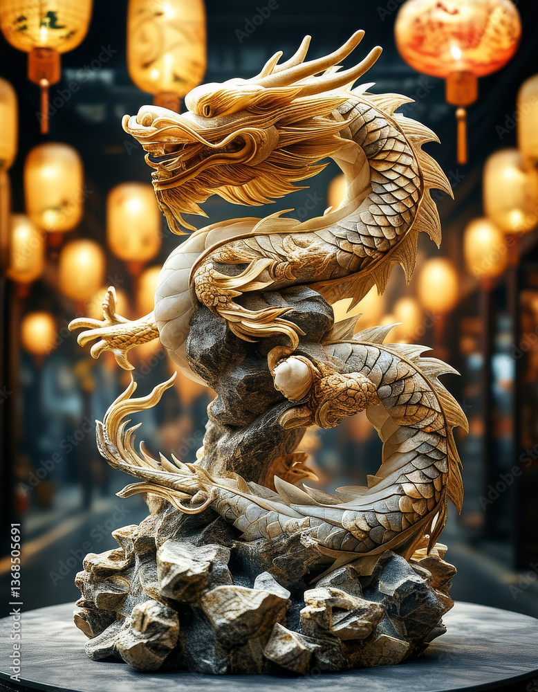 China National day product display podium background, Dragon’s Triumph, stone and gold, intricate dragon, golden dragon, clouds, glowing Chinese lantern, representing strength, prosperity, unity, ad China National day product display podium background, Dragon’s Triumph, stone and gold, intricate dragon, golden dragon, clouds, glowing Chinese lantern, representing strength, prosperity, unity, ad