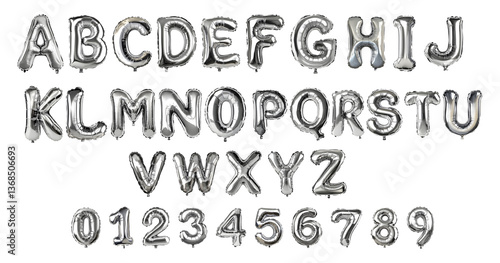 Capital letters chrome silver shine balloons set. Silver balloon letters for birthday celebrations. Chrome silver shiny balloon letter isolated on transparent background.