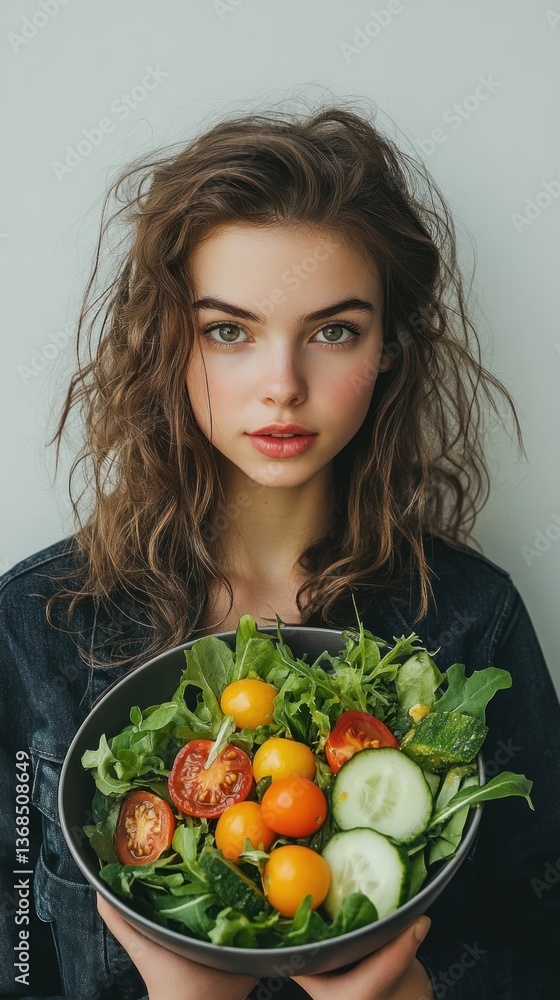 Radiant woman presents fresh salad for wellness and healthy eating Radiant woman presents fresh salad for wellness and healthy eating
