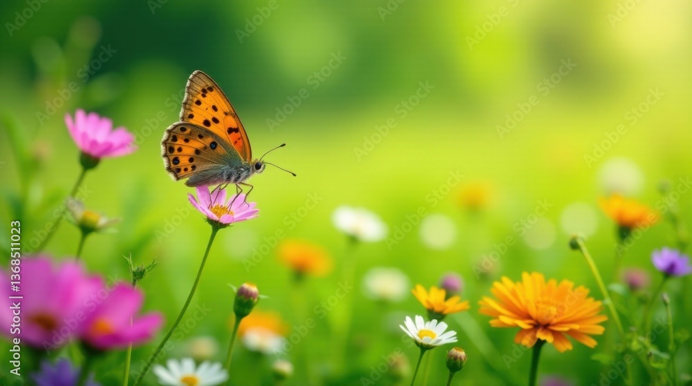 Obraz premium A vibrant butterfly delicately perched on a pink flower amidst a field of colorful wildflowers, bathed in soft sunlight.