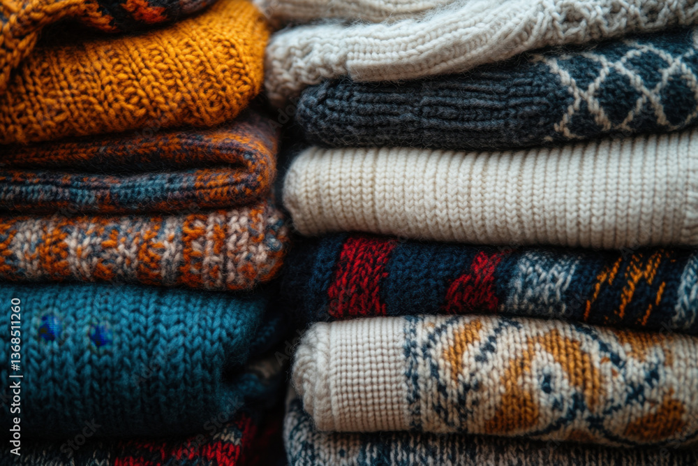 Pile of colorful sweaters on wooden table. Pile of colorful sweaters on wooden table.