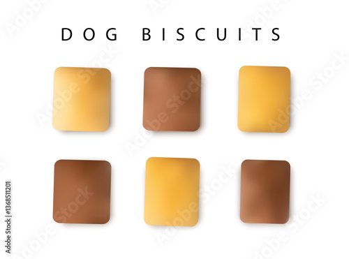 Filled dog biscuits icons, crackers symbols, soft crunchy pet treats, flavored small canine cookie