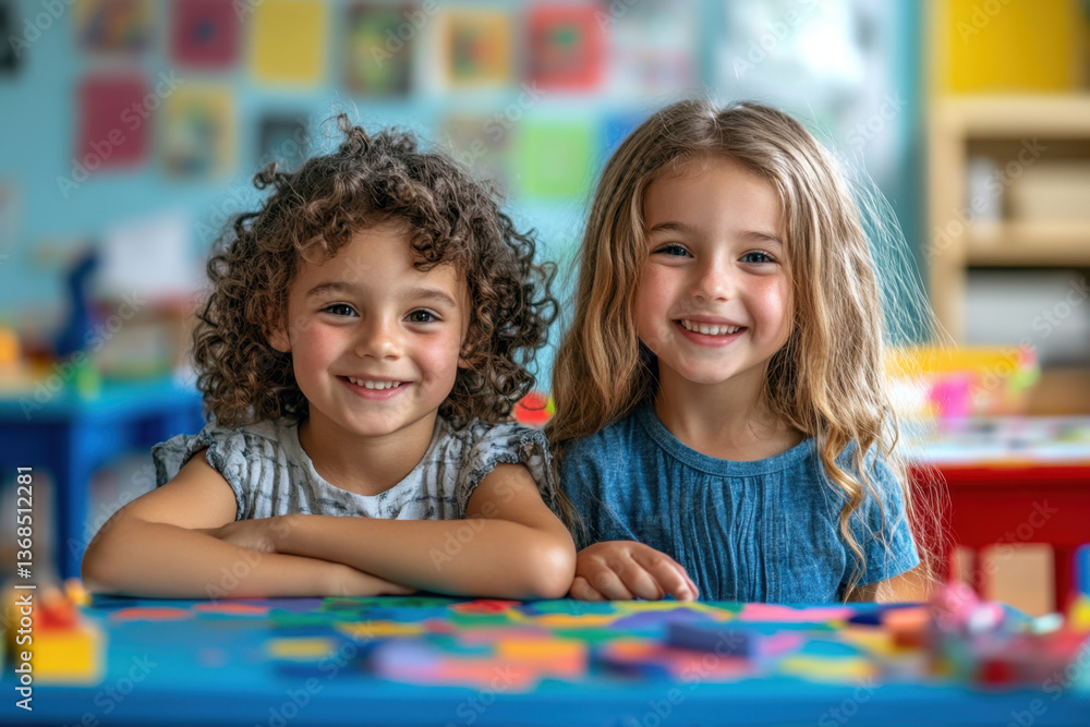 Two young children playing with blocks in a classroom. Two young children playing with blocks in a classroom.