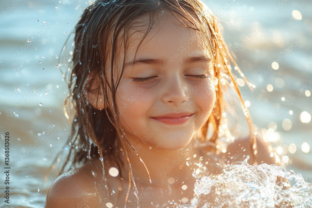 Obraz premium A little girl playing in water, laughing joyfully as she splashes around in a shallow stream surrounded by nature.