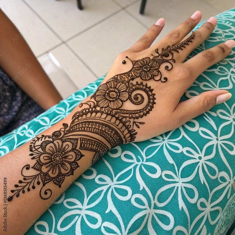 Obraz premium Intricate Henna Design: A close-up view showcases a stunning hand adorned with a delicate henna tattoo, displaying artistic floral patterns and intricate details, representing cultural heritage.