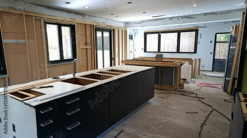 A renovation ad showing a sleek, modern kitchen installation in progress. digital