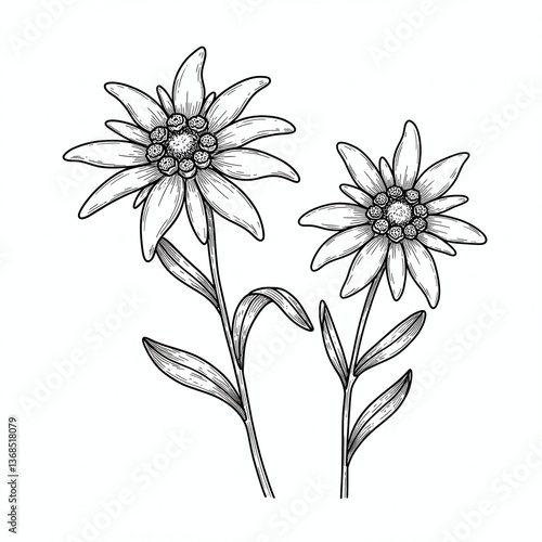 Delicate Edelweiss Illustration: An elegant, hand-drawn illustration of the iconic edelweiss flower. Featuring intricate details and botanical accuracy.