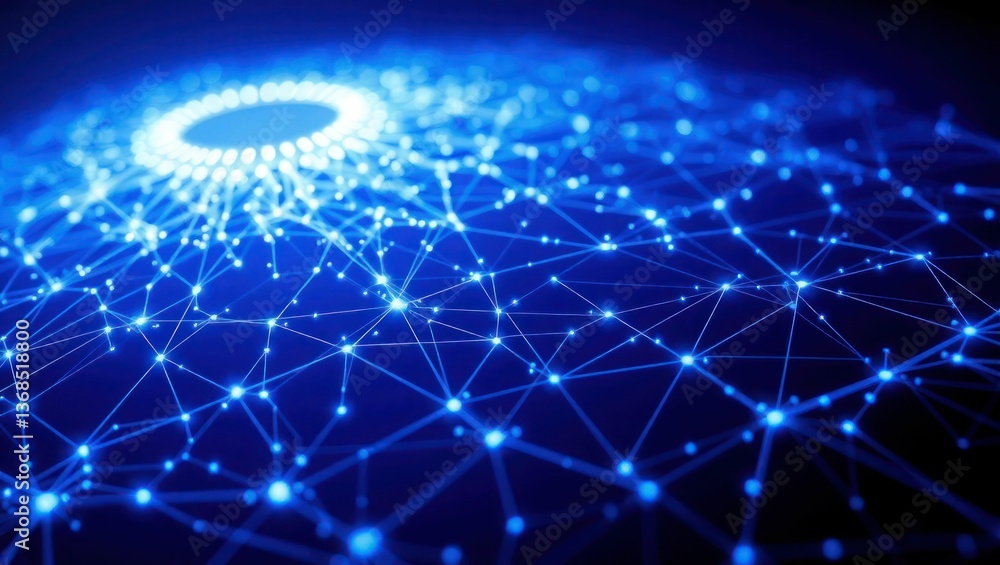 Fototapeta premium Network of blue dots, lines representing data points, science. Abstract background with connections, nodes for tech, business, engineering presentations or cyberspace, AI topics