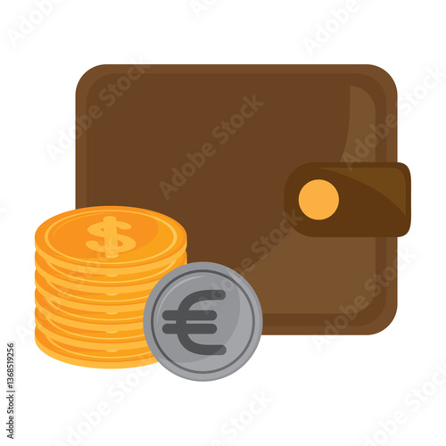 Vector illustration of a brown wallet with a stack of gold dollar coins and a silver euro coin beside it, symbolizing money