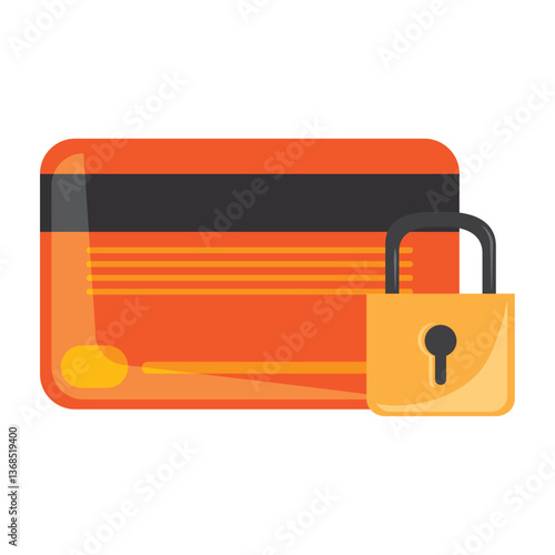 Vector illustration of an orange credit card with a black stripe, secured by a yellow padlock, symbolizing secure online payments