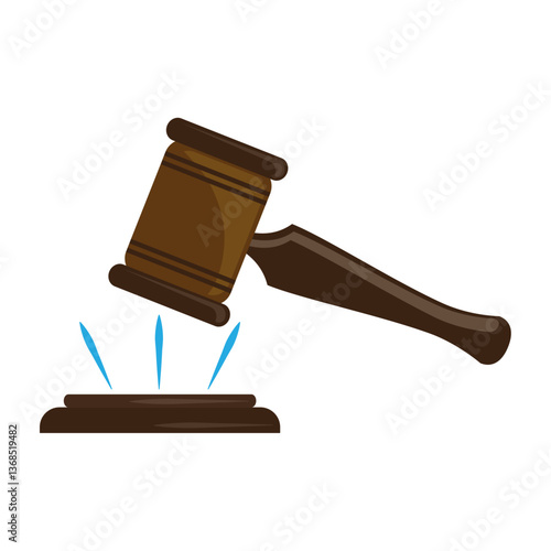 Vector illustration of a brown wooden gavel striking a sound block, with blue light effects indicating the impact, symbolizing law, justice, the legal system.