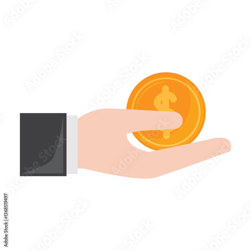 Vector illustration of a hand in a black suit sleeve holding a gold dollar coin, symbolizing finance, investment, payment, money savings