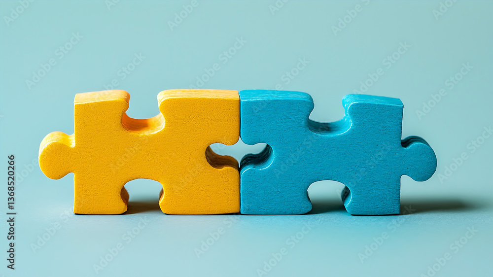 Two jigsaw puzzle pieces one yellow and one blue connected on a light blue background. Two jigsaw puzzle pieces one yellow and one blue connected on a light blue background.