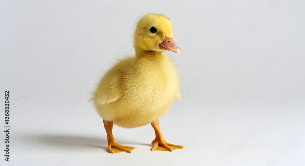 Adorable fluffy yellow duckling stands on webbed feet against a white background Adorable fluffy yellow duckling stands on webbed feet against a white background