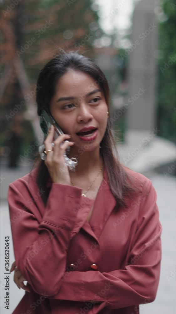 Businesswoman talking on phone while walking in city Businesswoman talking on phone while walking in city