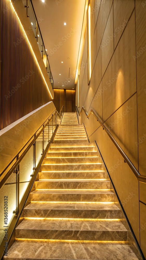 Obraz premium Illuminated Stone Staircase Ascending in Elegant Interior Architecture, Featuring Modern Design and Golden Accents Creates a Warm Atmosphere.