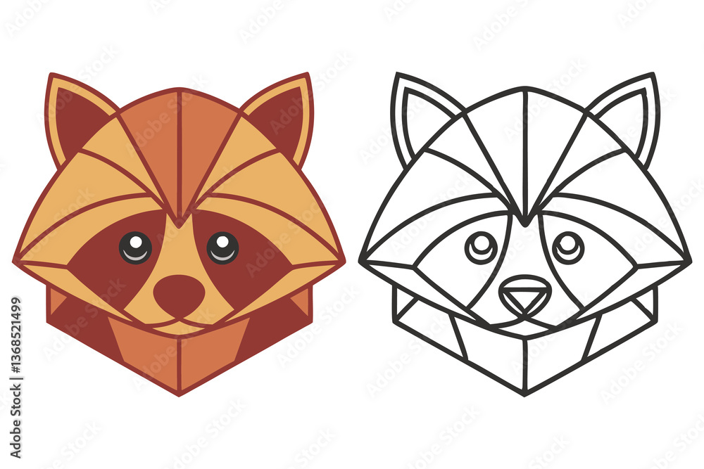 Fototapeta premium Minimalist Raccoon Head in Color and Outline on White Backdrop Polygon Style