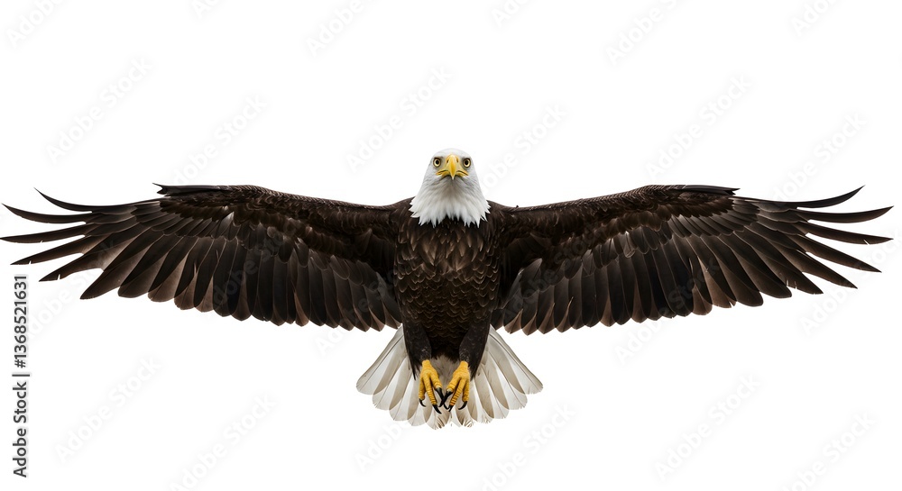 Fototapeta premium Majestic bald eagle soars with outstretched wings showcasing intricate feather details against a bright white background