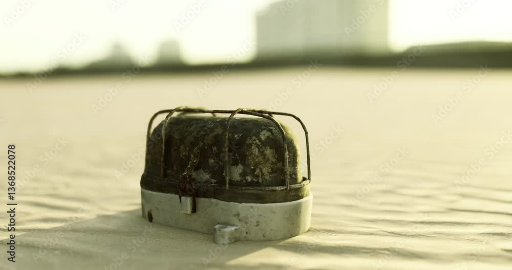 An old camping stove sits on a sandy surface, partially covered in dirt. The sun sets in the background, casting warm light over the scene, creating a serene atmosphere. An old camping stove sits on a sandy surface, partially covered in dirt. The sun sets in the background, casting warm light over the scene, creating a serene atmosphere.